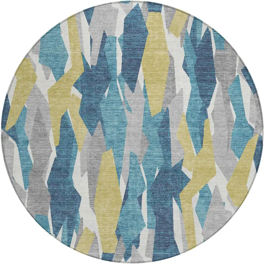 8' Teal Blue Yellow And Ivory Round Striped Washable Indoor Outdoor Area Rug Photo 2