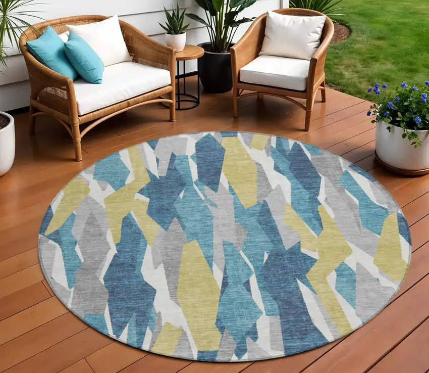 8' Teal Blue Yellow And Ivory Round Striped Washable Indoor Outdoor Area Rug Photo 1