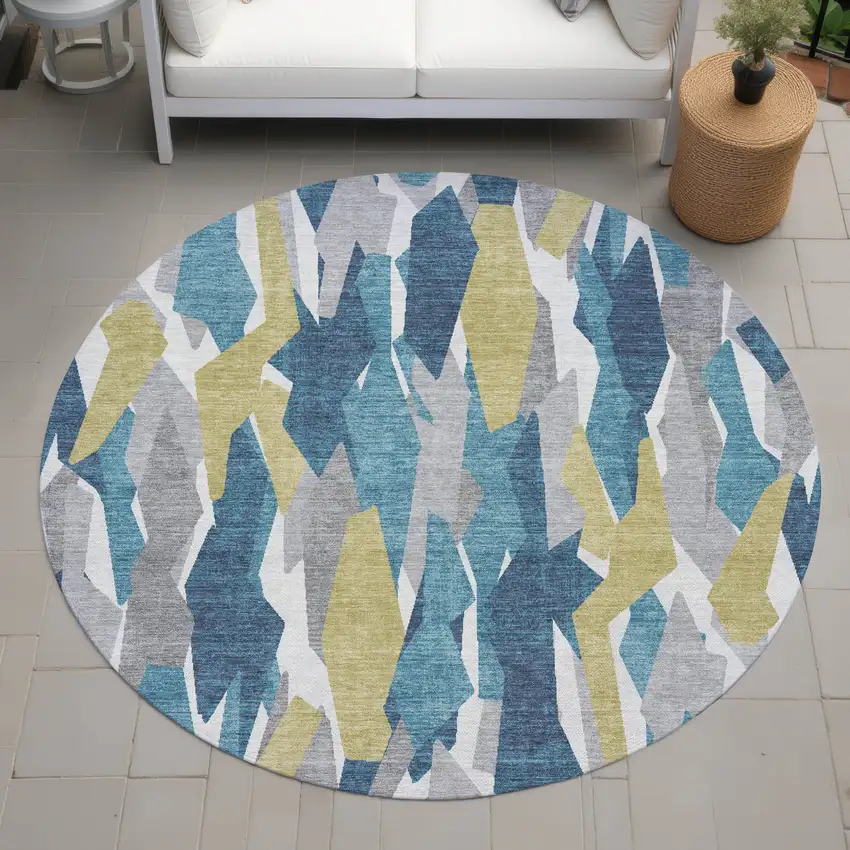 8' Teal Blue Yellow And Ivory Round Striped Washable Indoor Outdoor Area Rug Photo 9