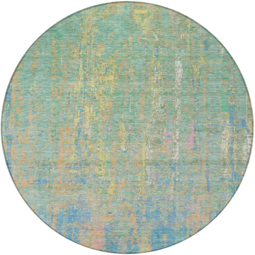 8' Teal Blue Yellow And Orange Round Abstract Washable Indoor Outdoor Area Rug Photo 3