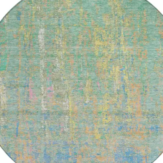 8' Teal Blue Yellow And Orange Round Abstract Washable Indoor Outdoor Area Rug Photo 4
