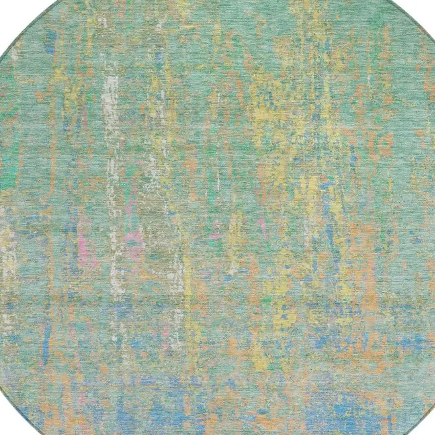8' Teal Blue Yellow And Orange Round Abstract Washable Indoor Outdoor Area Rug Photo 4
