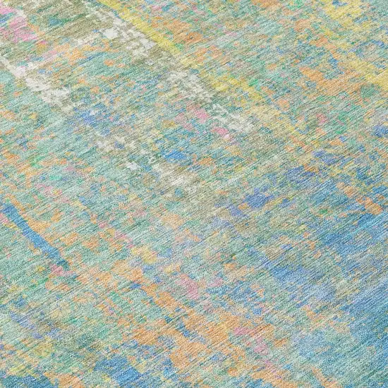 8' Teal Blue Yellow And Orange Round Abstract Washable Indoor Outdoor Area Rug Photo 8