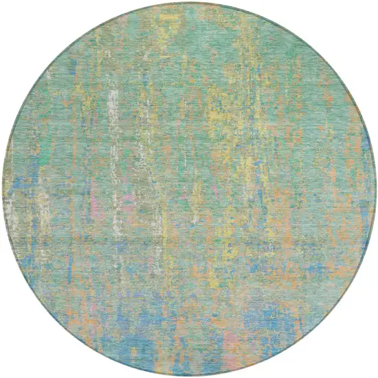8' Teal Blue Yellow And Orange Round Abstract Washable Indoor Outdoor Area Rug Photo 1