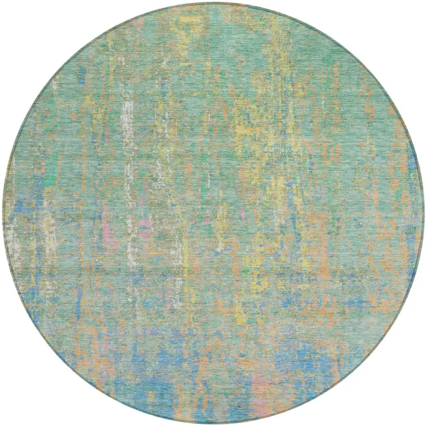 8' Teal Blue Yellow And Orange Round Abstract Washable Indoor Outdoor Area Rug Photo 1