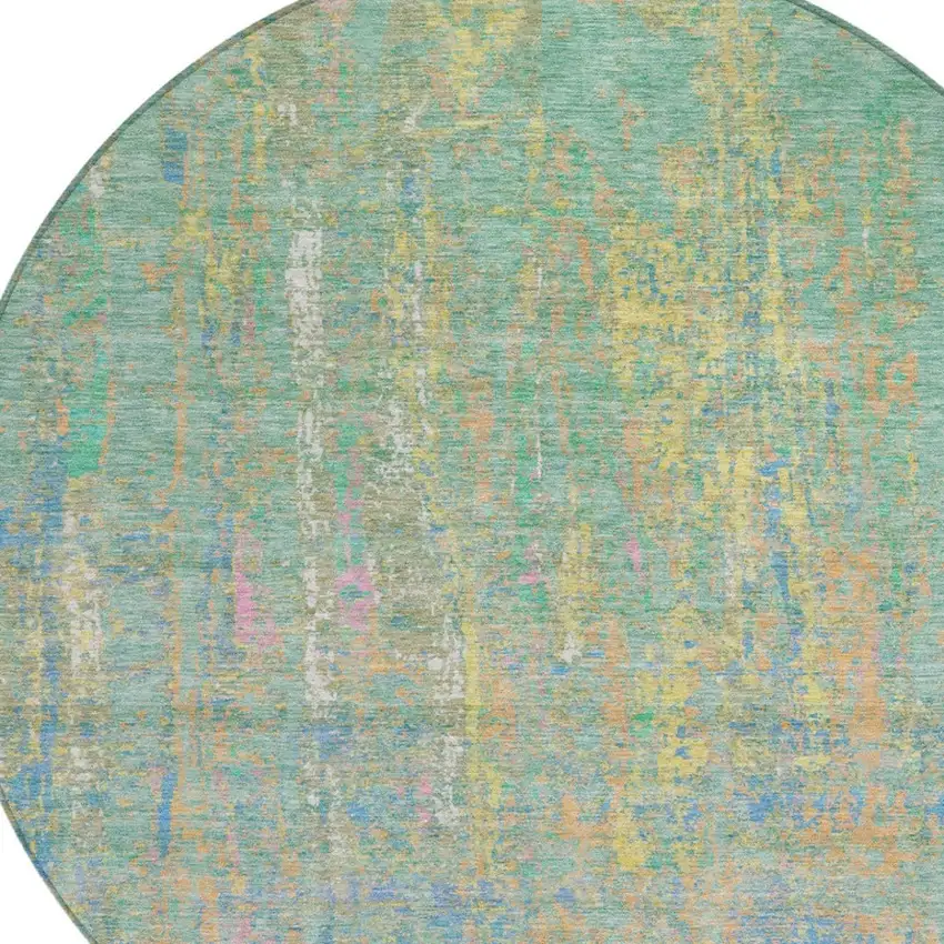 8' Teal Blue Yellow And Orange Round Abstract Washable Indoor Outdoor Area Rug Photo 9