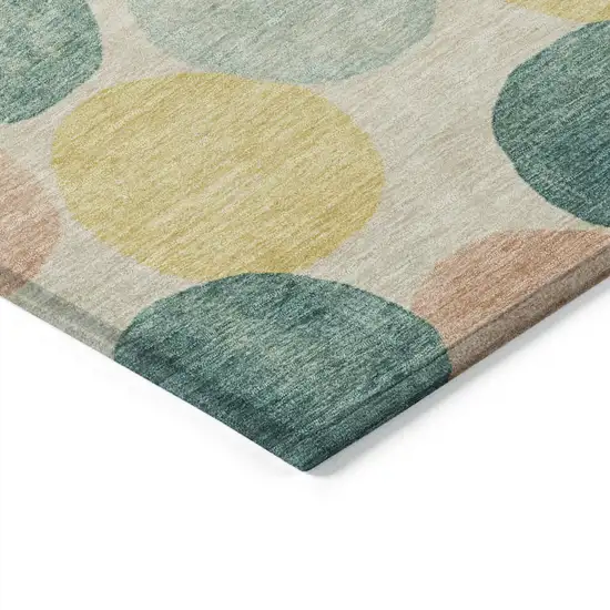 8' Teal Blue Yellow And Peach Round Geometric Washable Indoor Outdoor Area Rug Photo 9