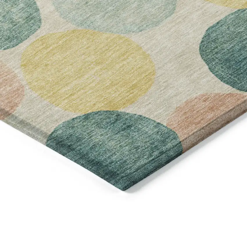 8' Teal Blue Yellow And Peach Round Geometric Washable Indoor Outdoor Area Rug Photo 9