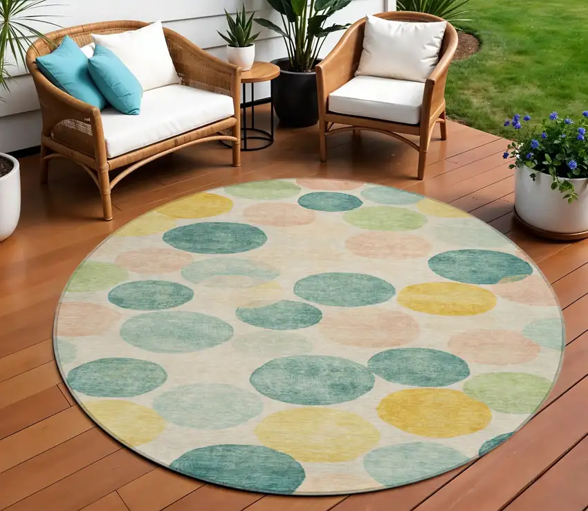 8' Teal Blue Yellow And Peach Round Geometric Washable Indoor Outdoor Area Rug Photo 2