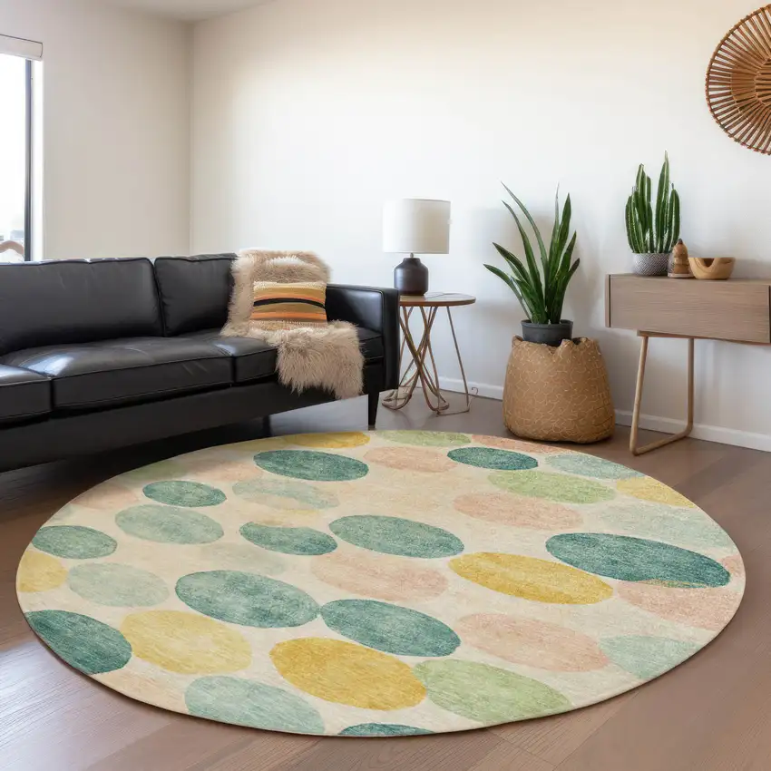 8' Teal Blue Yellow And Peach Round Geometric Washable Indoor Outdoor Area Rug Photo 7