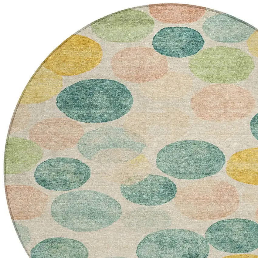8' Teal Blue Yellow And Peach Round Geometric Washable Indoor Outdoor Area Rug Photo 8