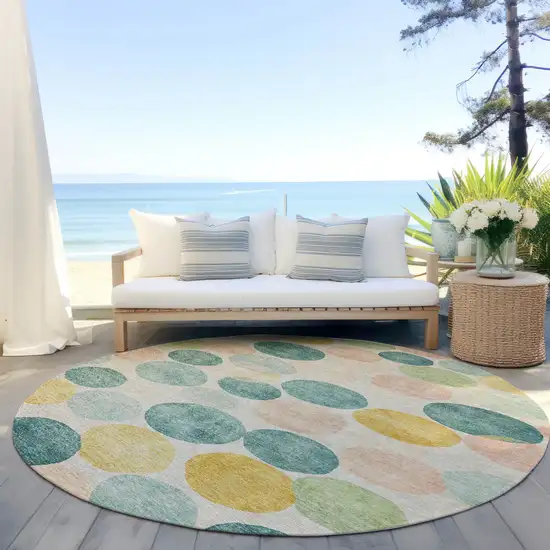 8' Teal Blue Yellow And Peach Round Geometric Washable Indoor Outdoor Area Rug Photo 6