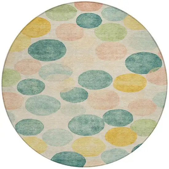 8' Teal Blue Yellow And Peach Round Geometric Washable Indoor Outdoor Area Rug Photo 4