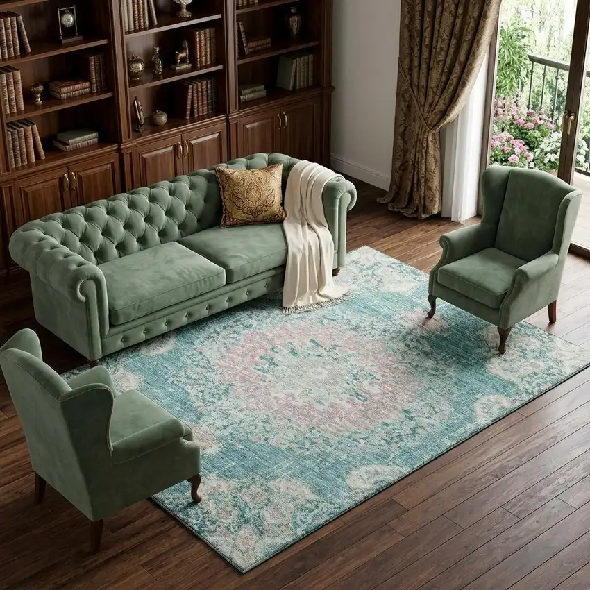 8' Teal Blush And Ivory Floral Washable Area Rug With UV Protection Photo 1