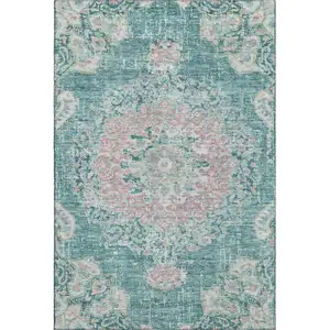 Photo of 8' Teal Blush And Ivory Floral Washable Area Rug With UV Protection