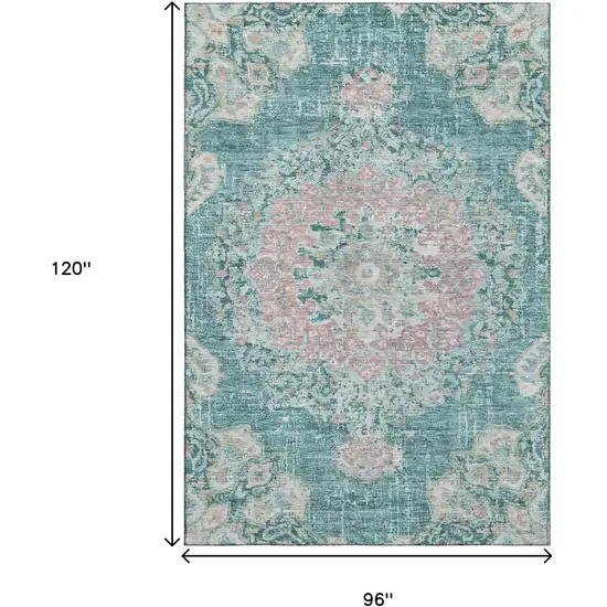 8' Teal Blush And Ivory Floral Washable Area Rug With UV Protection Photo 9