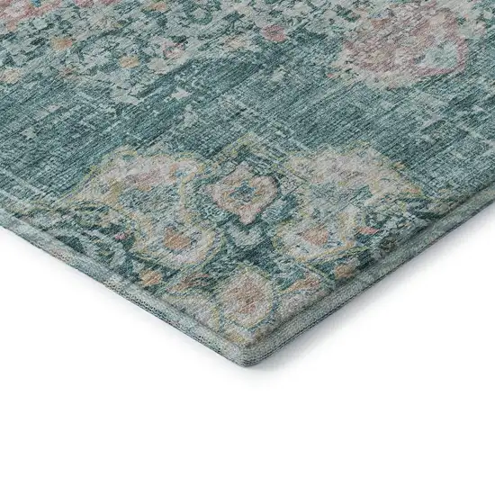 8' Teal Blush And Ivory Floral Washable Area Rug With UV Protection Photo 6