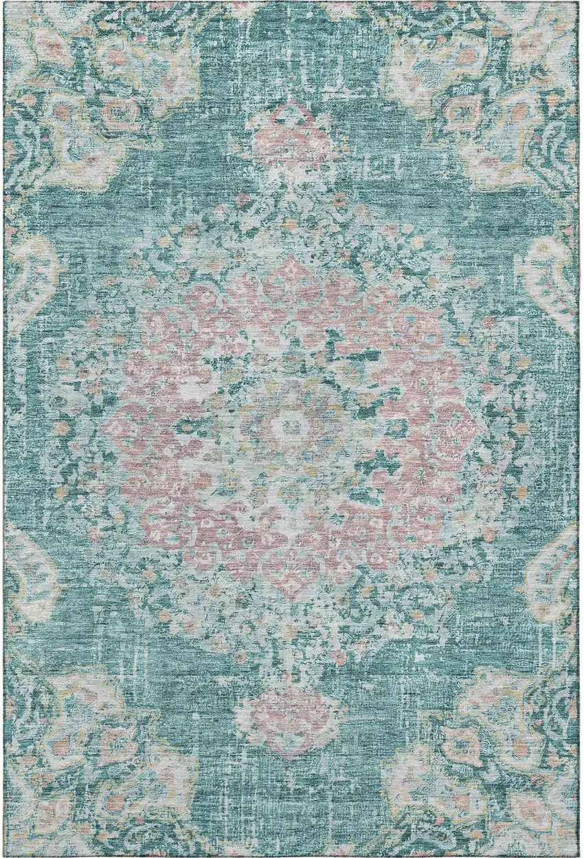 8' Teal Blush And Ivory Floral Washable Area Rug With UV Protection Photo 2