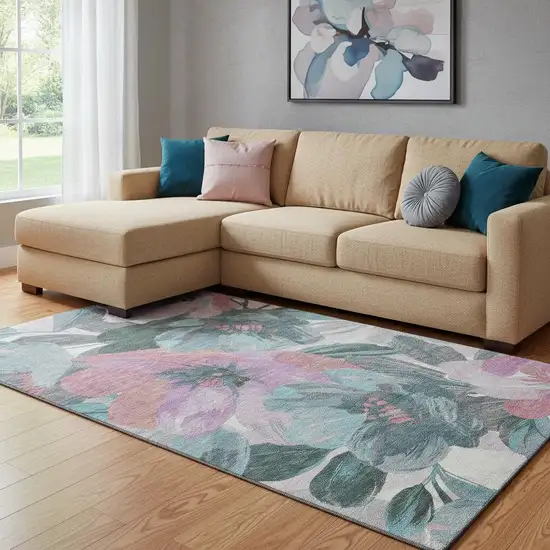 8' Teal Blush And Ivory Floral Washable Area Rug With UV Protection Photo 2