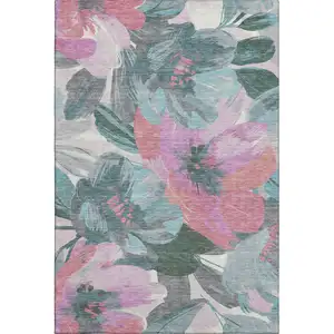 Photo of 8' Teal Blush And Ivory Floral Washable Area Rug With UV Protection