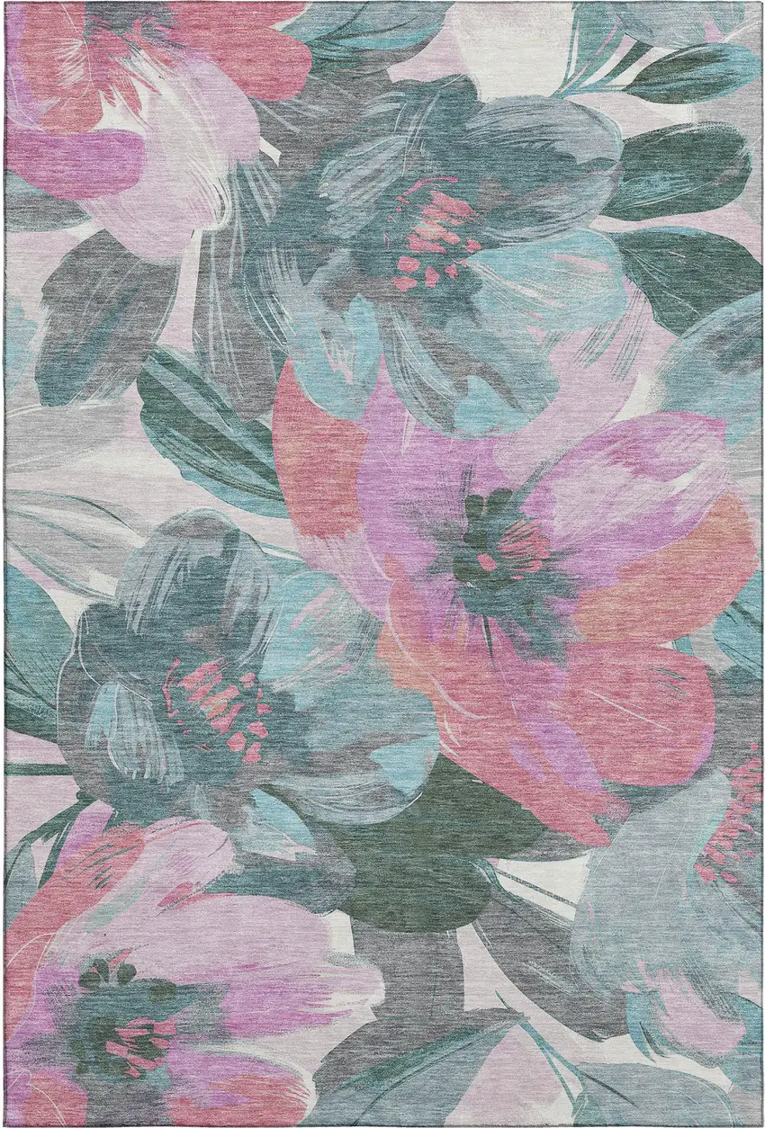 8' Teal Blush And Ivory Floral Washable Area Rug With UV Protection Photo 1