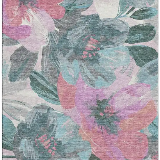 8' Teal Blush And Ivory Floral Washable Area Rug With UV Protection Photo 3