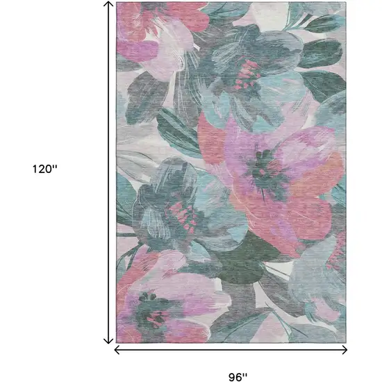 8' Teal Blush And Ivory Floral Washable Area Rug With UV Protection Photo 7