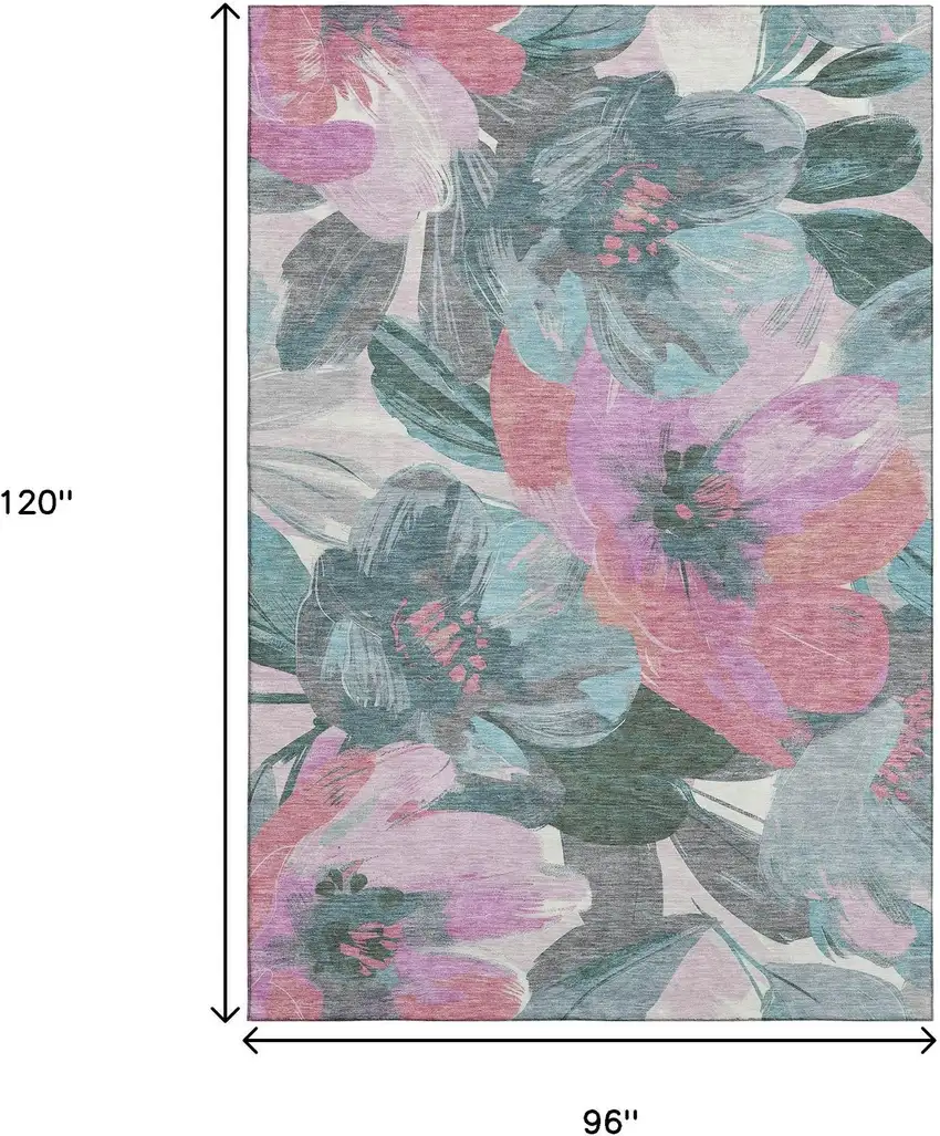 8' Teal Blush And Ivory Floral Washable Area Rug With UV Protection Photo 7