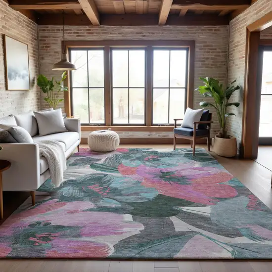 8' Teal Blush And Ivory Floral Washable Area Rug With UV Protection Photo 5