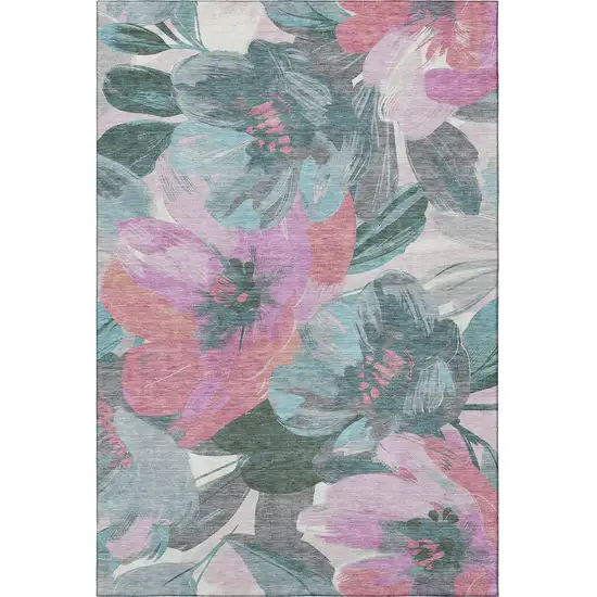 8' Teal Blush And Ivory Floral Washable Area Rug With UV Protection Photo 3