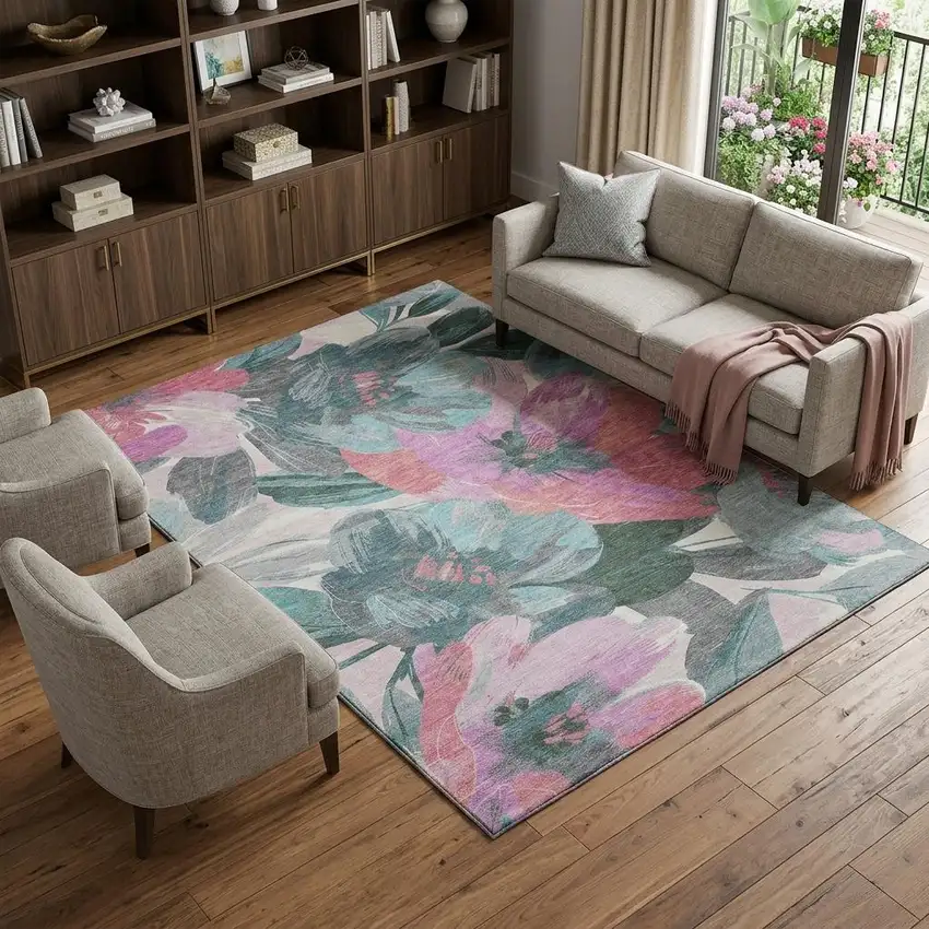 8' Teal Blush And Ivory Floral Washable Area Rug With UV Protection Photo 1