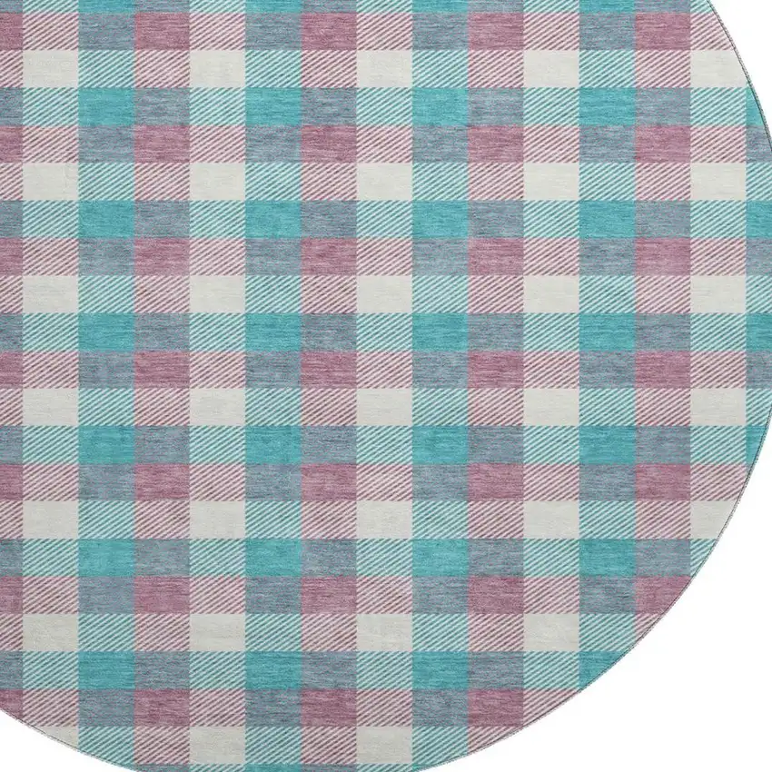 8' Teal Blush And Ivory Plaid Washable Round Rug With UV Protection Photo 2