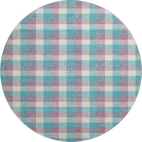 8' Teal Blush And Ivory Plaid Washable Round Rug With UV Protection Photo 1