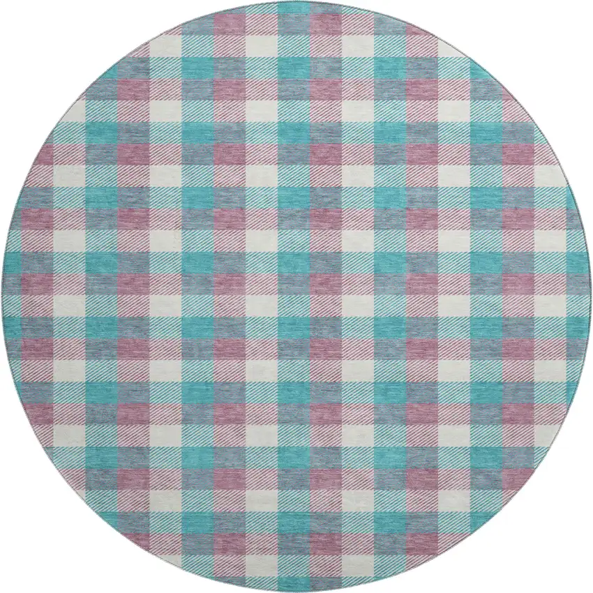 8' Teal Blush And Ivory Plaid Washable Round Rug With UV Protection Photo 1