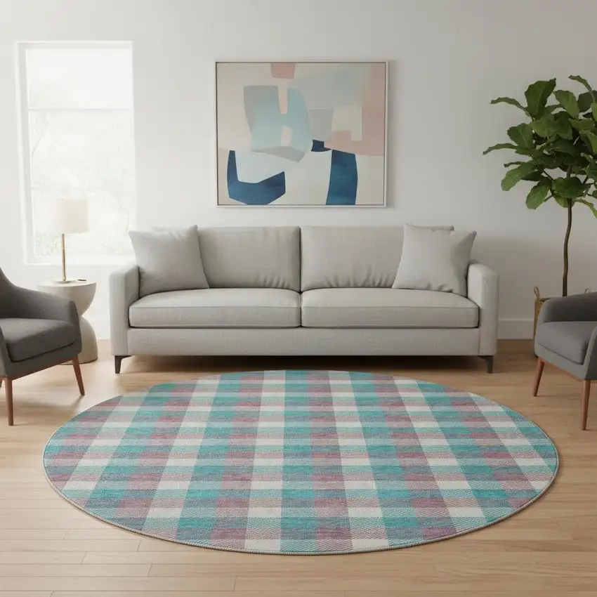 8' Teal Blush And Ivory Plaid Washable Round Rug With UV Protection Photo 2