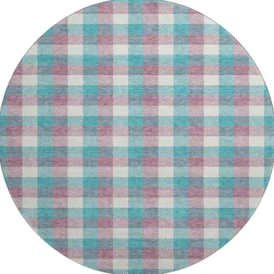 8' Teal Blush And Ivory Plaid Washable Round Rug With UV Protection Photo 3