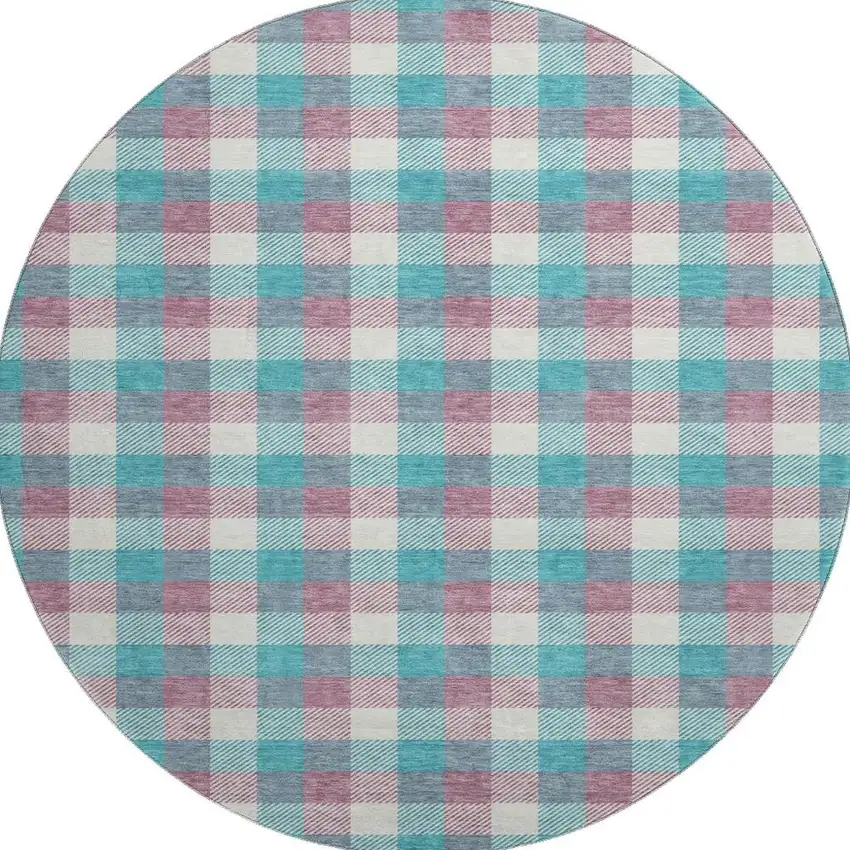 8' Teal Blush And Ivory Plaid Washable Round Rug With UV Protection Photo 3