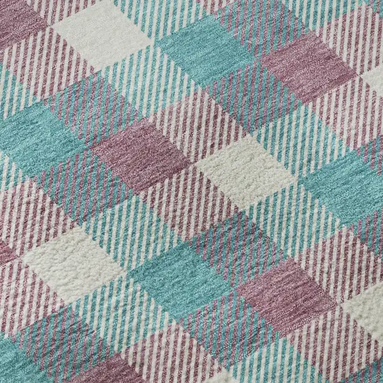 8' Teal Blush And Ivory Plaid Washable Round Rug With UV Protection Photo 8