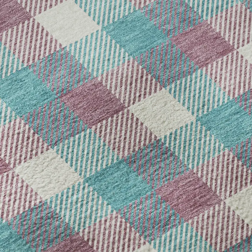 8' Teal Blush And Ivory Plaid Washable Round Rug With UV Protection Photo 8