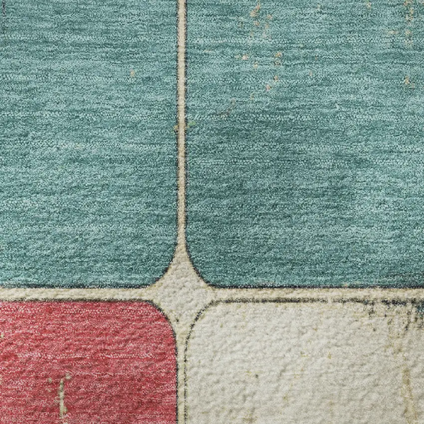 8' Teal Blush And Yellow Geometric Washable Round Rug With UV Protection Photo 9