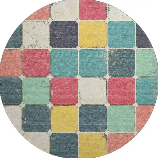 8' Teal Blush And Yellow Geometric Washable Round Rug With UV Protection Photo 4