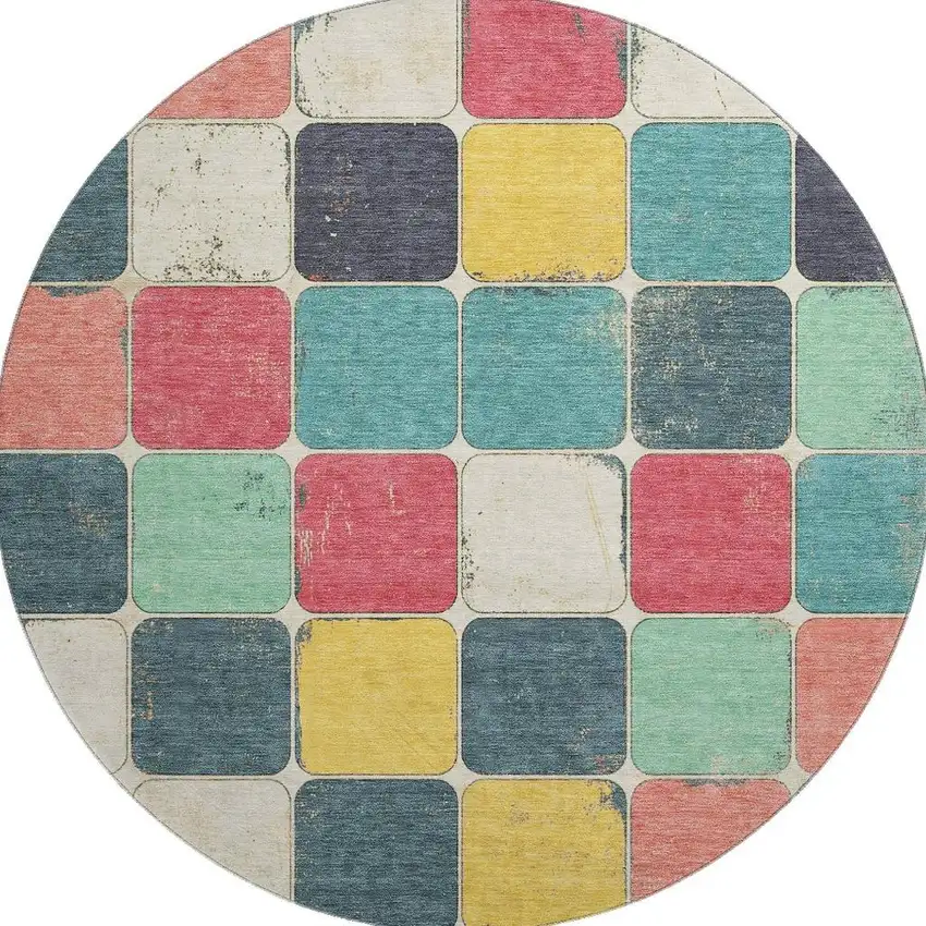 8' Teal Blush And Yellow Geometric Washable Round Rug With UV Protection Photo 4