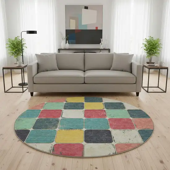 8' Teal Blush And Yellow Geometric Washable Round Rug With UV Protection Photo 2