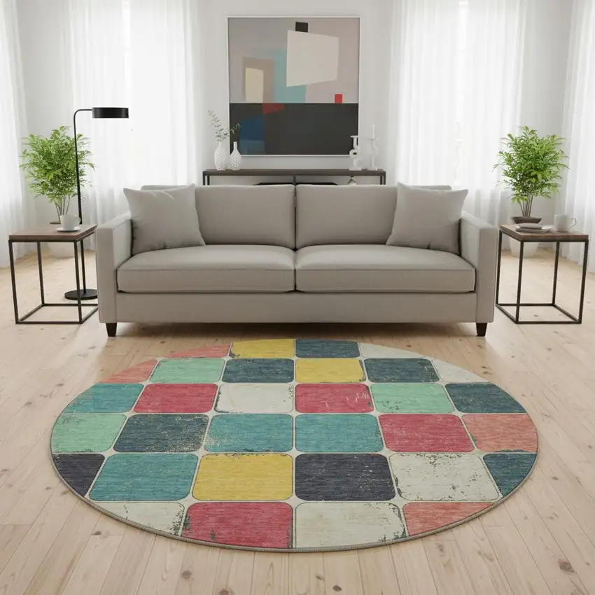 8' Teal Blush And Yellow Geometric Washable Round Rug With UV Protection Photo 2