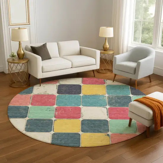 8' Teal Blush And Yellow Geometric Washable Round Rug With UV Protection Photo 5