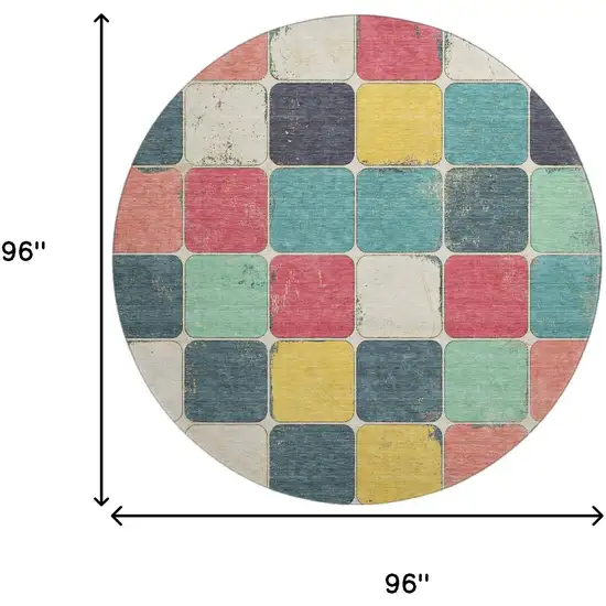 8' Teal Blush And Yellow Geometric Washable Round Rug With UV Protection Photo 9