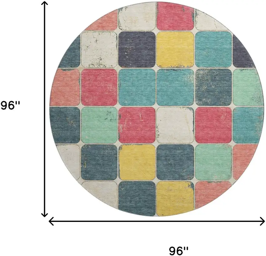8' Teal Blush And Yellow Geometric Washable Round Rug With UV Protection Photo 9