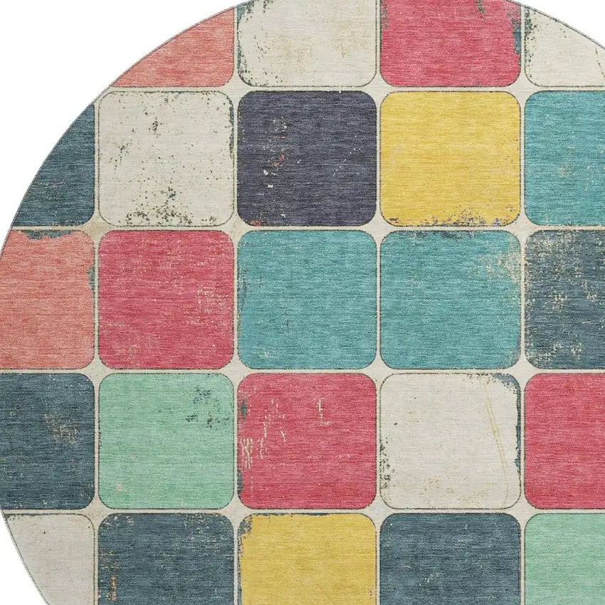 8' Teal Blush And Yellow Geometric Washable Round Rug With UV Protection Photo 3