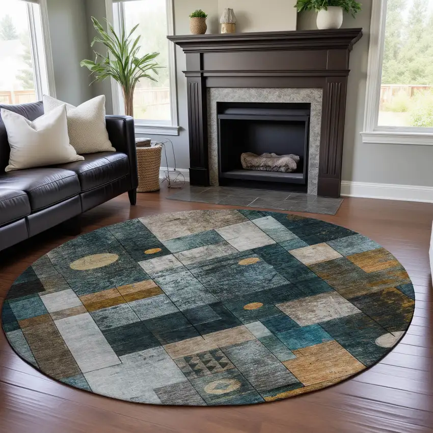 8' Teal Brown And Ivory Geometric Washable Round Rug With UV Protection Photo 4