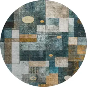Photo of 8' Teal Brown And Ivory Geometric Washable Round Rug With UV Protection